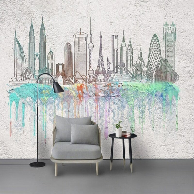 Commercial Wallpaper Printing - Modern suluboya şehir siluetleri mürekkep yıkama